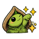 A small green creature wearing a brown hat waves its hand while surrounded by glowing yellow sparkles.