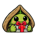 A small green creature wearing a brown hood shyly holding a gift box with a large red bow.