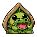 A small green frog-like creature with a wide, happy smile peeking out from under a wooden roof.