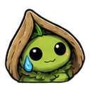 A small green sprout with a leaf hood looking nervous with a single sweat drop.