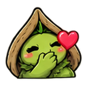 A small green creature with a brown hood blowing a kiss with a pink heart floating next to its face.