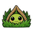 A small green creature with large black eyes peeking out from under a grassy shelter.
