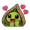 A small green creature with large black eyes peeking out from under a brown leaf with pink hearts floating around it.