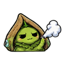 A small green creature with a grumpy expression wearing a brown hood and blowing a puff of white steam from its head.