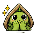 A small green creature with large black eyes peering out from a brown hood with sparkling yellow stars nearby.