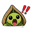 A small green creature with wide eyes and an open mouth peeking out from under a wooden roof with two red exclamation marks.