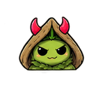 A small green creature with a smug expression wearing a brown hood with two red devil horns.