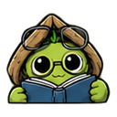 A small green creature with large eyes wearing glasses and holding an open blue book over its head.