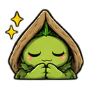 A small green creature with closed eyes and hands pressed together in prayer, wearing a leaf hood with sparkling stars nearb…
