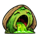 A green creature wearing a brown hood with its mouth wide open, spewing a stream of green liquid.