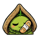 A small green sprout character with a bandage on its arm resting under a wooden roof.