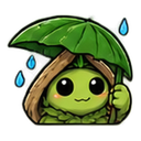 A small green creature with large black eyes smiles while holding a large green leaf as an umbrella in the rain.