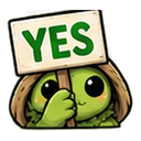 A small green creature peeking from a shell holding a white sign that says YES in green letters.