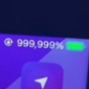 Battery icon displaying a 999,999 percent charge level against a purple background.