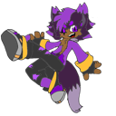 A purple anthropomorphic creature with dark hair and gold accents jumping in a joyful, energetic pose.