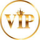 Golden VIP text with a crown on top inside a circular frame.
