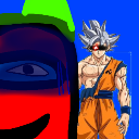 A red figure with a single eye looms over a cutout of Goku in Ultra Instinct form against a bright blue background.