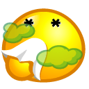 A yellow smiley face with X-shaped eyes holding a white handkerchief to its nose while surrounded by green stinky clouds.