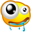 Yellow emoji face with uneven wide eyes and blue drool dripping from its mouth.