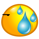 Yellow smiley face with three blue sweat drops dripping down its side.
