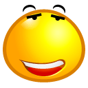 Yellow smiley face with a smug expression and a wide, knowing grin.