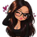 A cute girl with long brown hair and black glasses winks while surrounded by floating pink hearts.