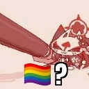 Anime character holding a large object with a rainbow flag and a question mark next to it.