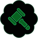 A green gavel icon centered inside a dark green cloud-shaped border.