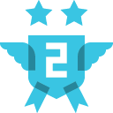 A blue pixel art badge with two stars on top and the number two in the center.