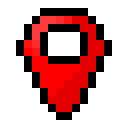 A red pixel art map pin icon against a black background.