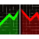 Line graph split into a green upward trend on the left and a red downward trend on the right against a dark grid background.