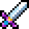 A pixel art sword with a purple handle and a glowing blue and gold blade.