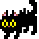 Black cat with glowing yellow eyes and an arched back in a pixel art style.