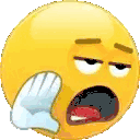 Yellow face with half-lidded eyes holding a hand up to its open mouth.