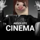 Polite cat face superimposed on a person in a suit with hands raised in approval above the text ABSOLUTE CINEMA.