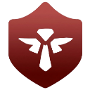A dark red shield emblem featuring a central vertical line and small geometric details.