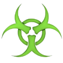 Biohazard symbol in bright green on a black background.