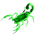 Scorpion glowing in neon green against a black background.