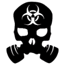 Skull with a biohazard symbol on its forehead rendered in a minimalist pixel art style.