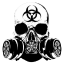 A white skull wearing a gas mask with a biohazard symbol on the forehead against a black background.
