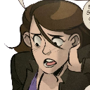 A woman with brown hair has a wide-eyed, blushing, and panicked expression while holding her hand to her cheek.