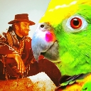 A cowboy in a hat sits next to a large, bright green parrot in a surreal digital collage.