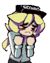 A female security guard with blonde hair and a security cap looking visibly panicked and hyperventilating in a pixel art sty…