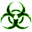 Biohazard symbol glowing with a neon green light against a black background.