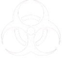 White biohazard symbol on a black background.