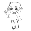 A cute chibi character wearing a bucket hat smiling and holding a small flower in their hand.