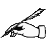 A black and white line-art hand holding a quill pen as if writing.