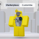 A blocky yellow avatar character with a gray textured torso stands in a neutral pose.