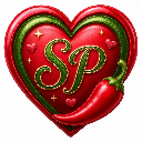 A glossy red 3D heart with the letters SP in gold and a red chili pepper attached to the side.