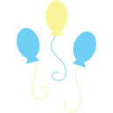 Three balloons, one yellow and two blue, floating with curly strings against a black background.